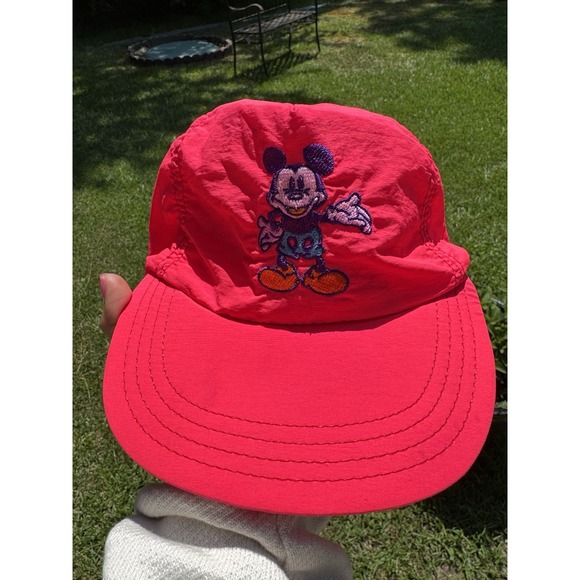 Vintage Walt Disney Mickey Pink Nylon Leather Strap Snapback Cap Hat USA - Picture 1 of 7